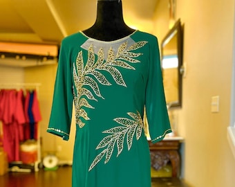 Vietnamese Ao Dai Dress, Double Layers Chiffon, Hand-beading Details in Green, Custom Size and Colors | Áo Dài Trung Niên, May Theo Số Đo