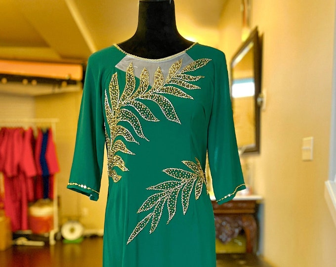 Vietnamese Ao Dai Dress, Double Layers Chiffon, Hand-beading Details in Green, Custom Size and Colors | Áo Dài Trung Niên, May Theo Số Đo