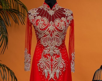 Red Vietnamese Wedding Ao Dai Dress, Hand-Beaded, Custom Size