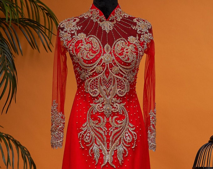 Vietnamese Wedding Ao Dai Long Dress, Red/Gold, Hand-beading Details, Custom Size, Multiple Headpiece Choices | Áo Dài Cưới, May Theo Số Đo