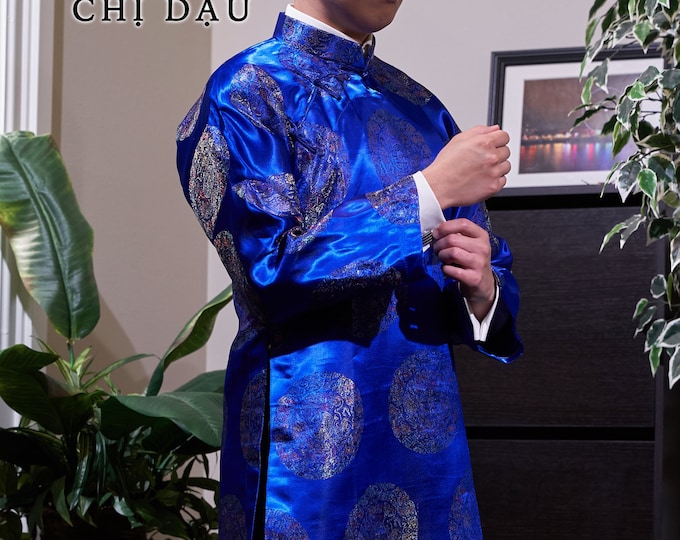 Vietnamese Traditional Men Ao Dai, with Headpiece, in Blue, Custom Size and Pre-made Sizes | Áo Dài Cách Tân Nam