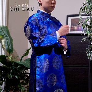 Vietnamese Traditional Men Ao Dai, with Headpiece, in Blue, Custom Size and Pre-made Sizes Áo Dài Cách Tân Nam image 1