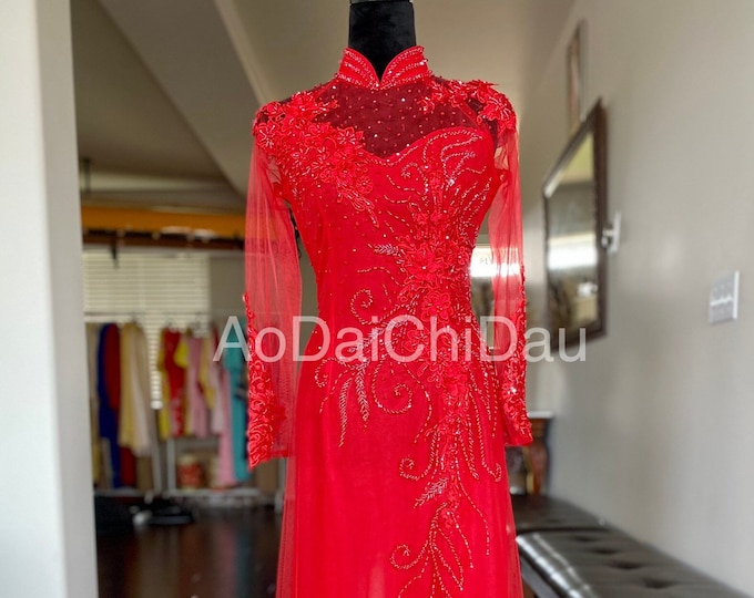 Vietnamese Wedding Ao Dai Long Dress, Red/Gold, Hand-beading Details, Custom Size, Multiple Headpiece Choices | Áo Dài Cưới, May Theo Số Đo