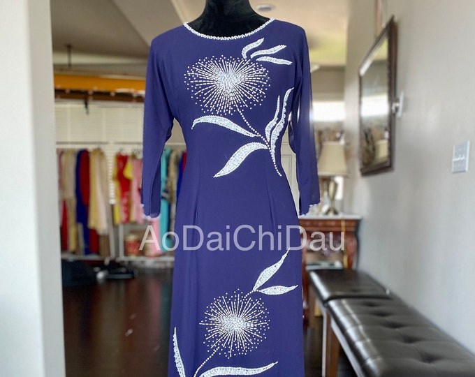 Vietnamese Ao Dai Dress, Double Layers Chiffon with Hand-beading Details in Blue, Custom Size and Colors | Áo Dài Trung Niên, May Theo Số Đo