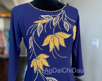 Vietnamese Ao Dai Dress, Double Layers Chiffon with Hand-beading Details in Blue, Custom Size and Colors | Áo Dài Trung Niên, May Theo Số Đo