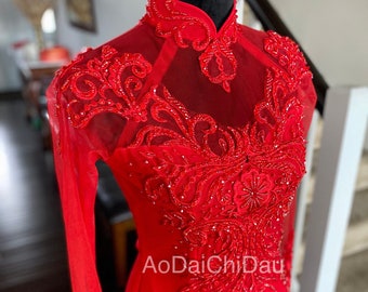 Vietnamese Wedding Ao Dai Long Dress, Red, Hand-beading Details, Custom Size, Multiple Headpiece Choices | Áo Dài Cưới, May Theo Số Đo