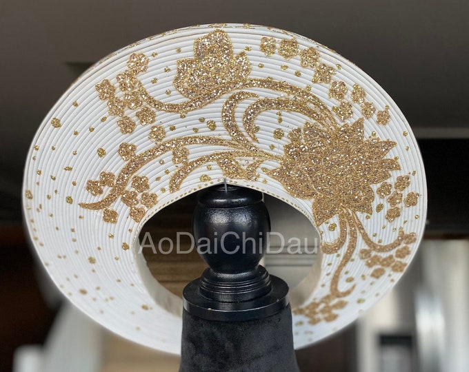Headpiece for Vietnamese Ao Dai, Floral Gold Glitter Details, Custom Size and Pre-made - Khăn Đống Áo Dài