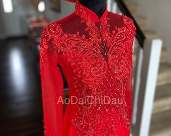 Vietnamese Wedding Ao Dai Long Dress, Red, Hand-beading Details, Custom Size, Multiple Headpiece Choices | Áo Dài Cưới, May Theo Số Đo