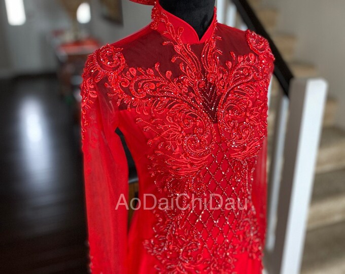 Vietnamese Wedding Ao Dai Long Dress, Red, Hand-beading Details, Custom Size, Multiple Headpiece Choices | Áo Dài Cưới, May Theo Số Đo