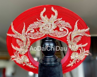 Headpiece for Vietnamese Ao Dai in Red, Floral Gold Lace Details with Beading, Custom Size and Pre-made - Khăn Đống Áo Dài