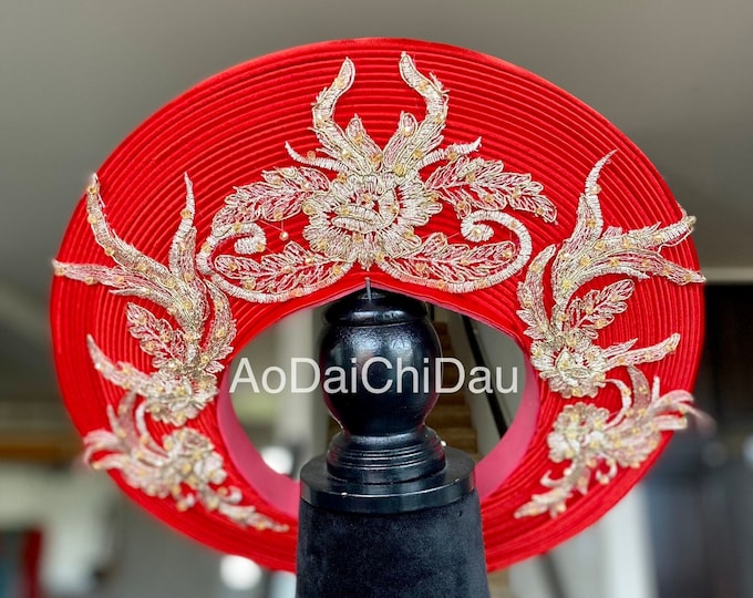 Headpiece for Vietnamese Ao Dai in Red, Floral Gold Lace Details with Beading, Custom Size and Pre-made - Khăn Đống Áo Dài