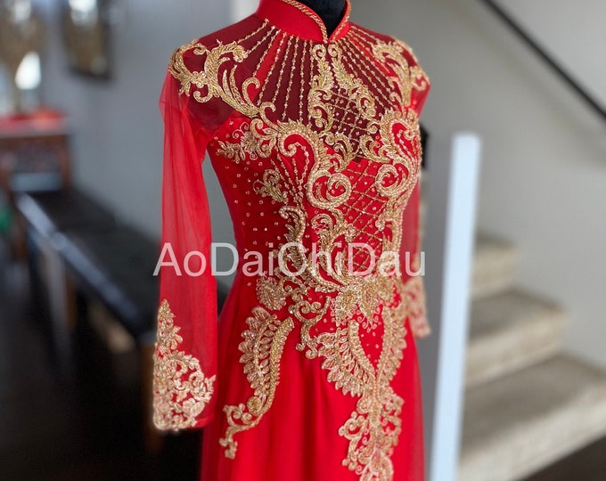 Vietnamese Wedding Ao Dai Long Dress, Red/Gold, Hand-beading Details, Custom Size, Multiple Headpiece Choices | Áo Dài Cưới, May Theo Số Đo