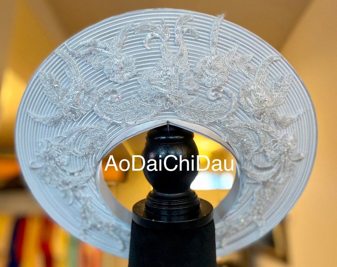Headpiece for Vietnamese Ao Dai in White, Floral Lace Details with Beading, Custom Size and Pre-made - Khăn Đống Áo Dài