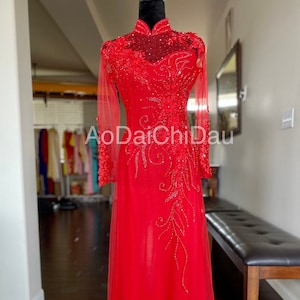 Vietnamese Wedding Ao Dai Long Dress, Red/Gold, Hand-beading Details, Custom Size, Multiple Headpiece Choices | Áo Dài Cưới, May Theo Số Đo
