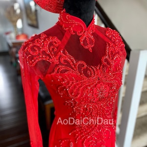 Vietnamese Wedding Ao Dai Long Dress, Red, Hand-beading Details, Custom Size, Multiple Headpiece Choices | Áo Dài Cưới, May Theo Số Đo