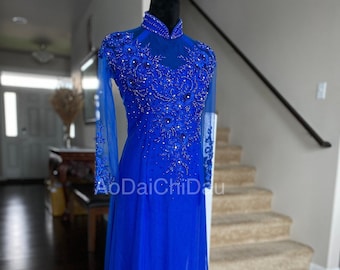 Vietnamese Ao Dai Long Dress, Three Layers with Hand-beading Details in Blue, Custom Size and Color | Áo Dài Mẹ, Trung Niên, May Theo Số Đo