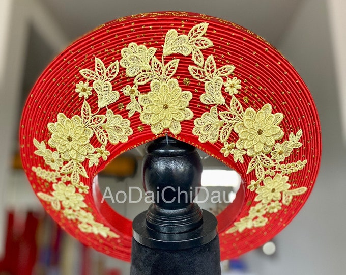 Headpiece for Vietnamese Ao Dai in Red, Floral Yellow Gold Details, Custom Size and Pre-made - Khăn Đống Áo Dài