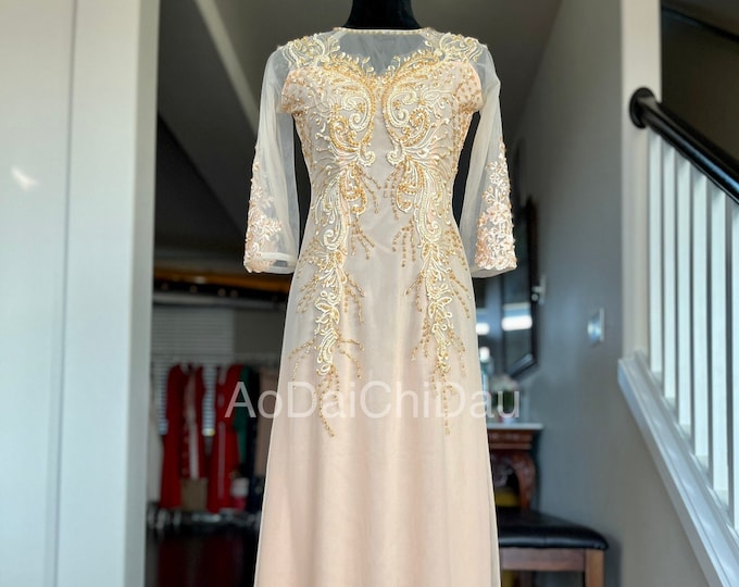 Vietnamese Ao Dai Dress, Double Layers Chiffon, Hand-beading Details in Nude Color, Custom Size | Áo Dài Trung Niên, May Theo Số Đo