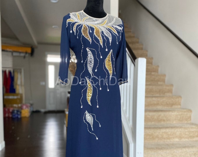 Vietnamese Ao Dai Dress, Double Layers Chiffon with Hand-beading Details in Navy, Custom Size and Colors | Áo Dài Trung Niên, May Theo Số Đo