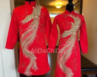 Traditional Wedding Couple Ao Dai Dress, in Red and Gold, with Hand-beading Dragon Details, Premade and Custom Size | Áo Dài Cưới Cặp Đôi