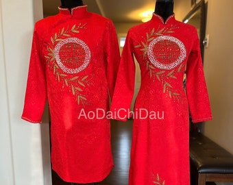 Traditional Wedding Couple Ao Dai Dress, in Red and Gold, with Hand-beading Dragon Details, Premade and Custom Size | Áo Dài Cưới Cặp Đôi