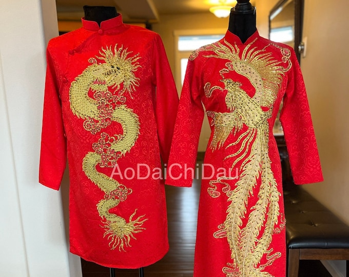 Traditional Wedding Couple Ao Dai Dress, in Red and Gold, with Hand-beading Dragon Details, Premade and Custom Size | Áo Dài Cưới Cặp Đôi