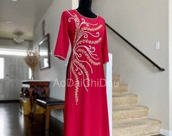 Vietnamese Ao Dai Dress, Double Layers Chiffon with Hand-beading Details in Red, Custom Size and Colors | Áo Dài Trung Niên, May Theo Số Đo