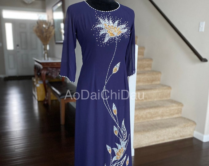 Vietnamese Ao Dai Dress, Double Layers Chiffon with Hand-beading Details in Navy, Custom Size and Colors | Áo Dài Trung Niên, May Theo Số Đo
