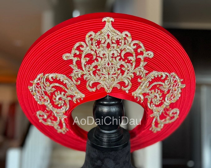 Headpiece for Vietnamese Ao Dai in Red, Gold Lace Details with Beadings, Custom Size and Pre-made - Khăn Đống Áo Dài