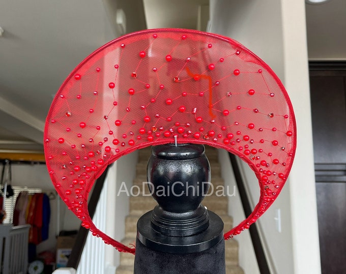 Modernized Headband for Vietnamese Ao Dai in Red, Lace Details with Beadings, Adjustable - Mấn Khăn Đống Áo Dài Cưới