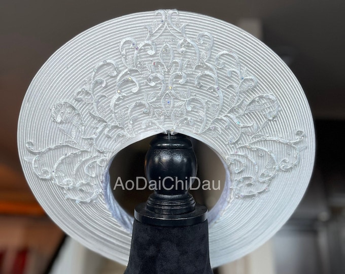 Headpiece for Vietnamese Ao Dai in White, Lace Details with Beadings, Custom Size and Pre-made - Khăn Đống Áo Dài