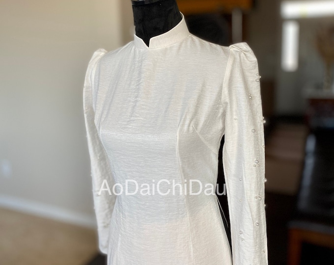 Vietnamese Wedding Ao Dai Long Dress, White and Gold, Hand-beading Details, Custom Size and Premade Size | Áo Dài Cưới, May Theo Số Đo