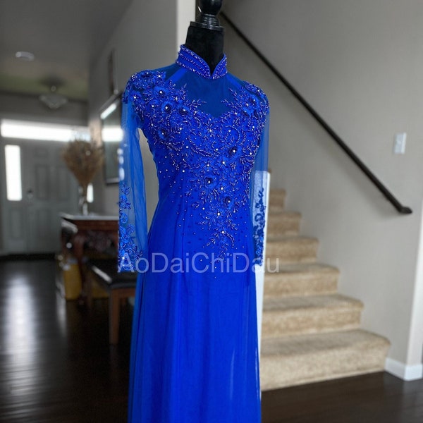 Vietnamese Ao Dai Long Dress, Three Layers with Hand-beading Details in Blue, Custom Size and Color | Áo Dài Mẹ, Trung Niên, May Theo Số Đo