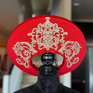 Headpiece for Vietnamese Ao Dai in Red, Gold Lace Details with Beadings, Custom Size and Pre-made - Khăn Đống Áo Dài