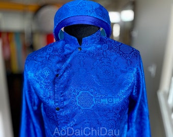 Vietnamese Modernized Men Ao Dai, in Blue, Custom Size and Pre-made Sizes | Áo Dài Cách Tân Nam, May Sẵn và Số Đo