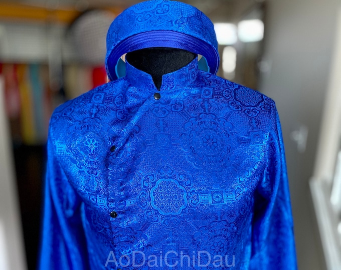 Vietnamese Modernized Men Ao Dai, in Blue, Custom Size and Pre-made Sizes | Áo Dài Cách Tân Nam, May Sẵn và Số Đo