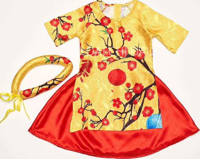 Vietnamese Ao Dai for Kids Baby Girl in Yellow and Red for Lunar New Year - Áo Dài Cách Tân Tết Bé Gái