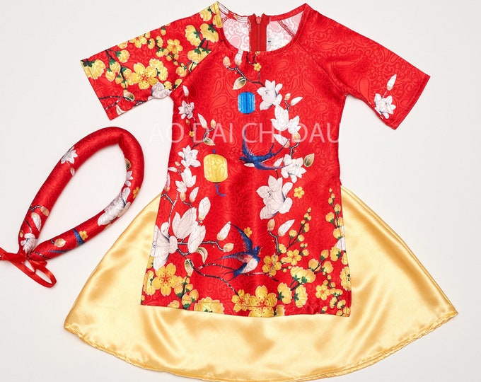 Vietnamese Ao Dai for Kids Baby Girl in Red and Yellow for Lunar New Year - Áo Dài Cách Tân Tết Bé Gái