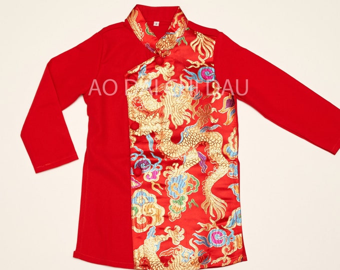 Vietnamese Boy's Kid Ao Dai in Red and Gold for Lunar New Year - Áo Dài Tết Bé Trai