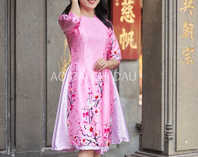 Pre-made Vietnamese Modernized Ao Dai in Pink and Floral Details, with Assorted Choice of Skirt Colors - Áo Dài Cách Tân Tết