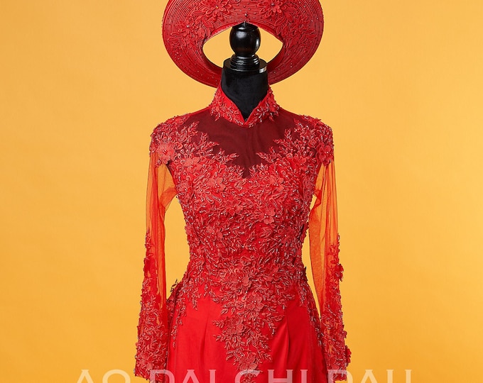 Vietnamese Wedding Ao Dai Long Dress with a Train, Red/Gold, Hand-beading Details, Custom Size, Multiple Headpiece Choices | Áo Dài Cưới