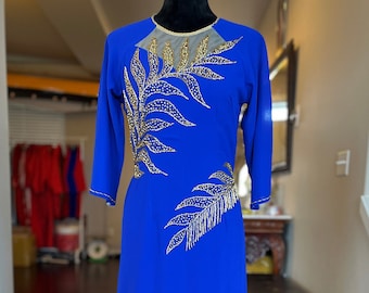 Vietnamese Ao Dai Dress, Double Layers Chiffon, Hand-beading Details in Blue, Custom Size and Colors | Áo Dài Trung Niên, May Theo Số Đo