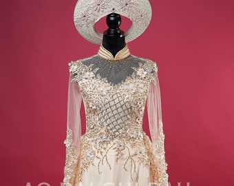 Vietnamese Wedding Ao Dai Dress with a Train, Light Gold/Nude, Hand-beading Details, Custom Size, Multiple Headpiece Choices | Áo Dài Cưới