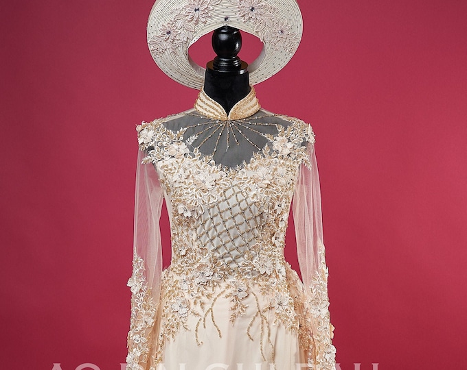 Vietnamese Wedding Ao Dai Dress with a Train, Light Gold/Nude, Hand-beading Details, Custom Size, Multiple Headpiece Choices | Áo Dài Cưới