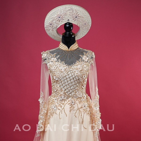 Vietnamese Wedding Ao Dai Dress with Train, Hand-Beaded, Custom Size