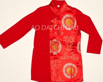 Vietnamese Boy's Kid Ao Dai in Red and Gold for Lunar New Year - Áo Dài Tết Bé Trai