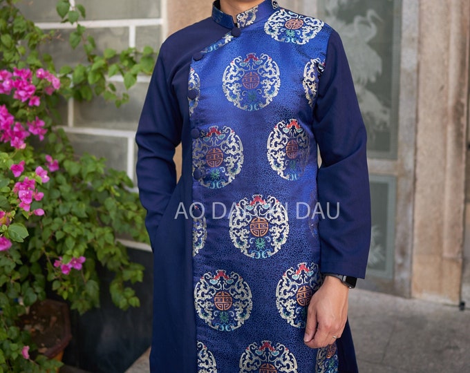 Vietnamese Modernized Men Ao Dai, in Navy Blue, Pre-made Sizes | Áo Dài Cách Tân Nam