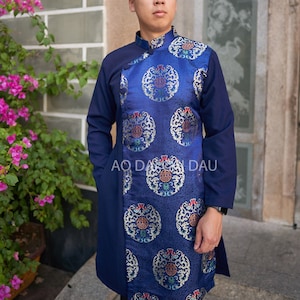Vietnamese Modernized Men Ao Dai, in Navy Blue, Pre-made Sizes | Áo Dài Cách Tân Nam