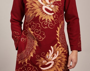 Vietnamese Modernized Men Ao Dai, Hand Painted Dragon, Pre-made Sizes | Áo Dài Cách Tân Nam
