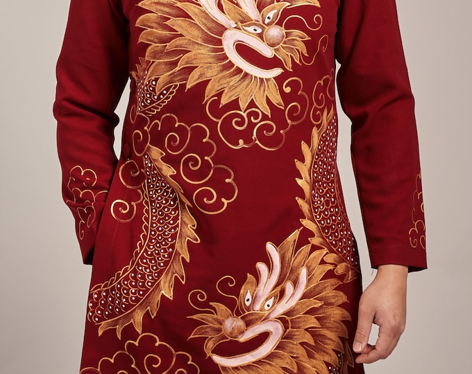 Vietnamese Modernized Men Ao Dai, Hand Painted Dragon, Custom Size and Pre-made Sizes | Áo Dài Cách Tân Nam